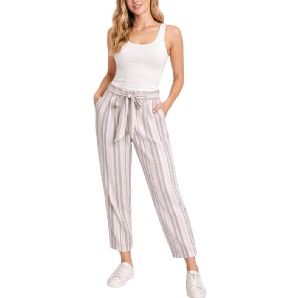 Express Women's Multi Striped Ankle High Rise Slacks Belt Tie Waist Pants Size 8
